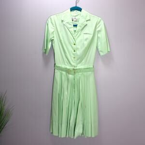 Vintage The Texas‎ Shirtwaist Mint Green Belted Pleated Shirt Dress